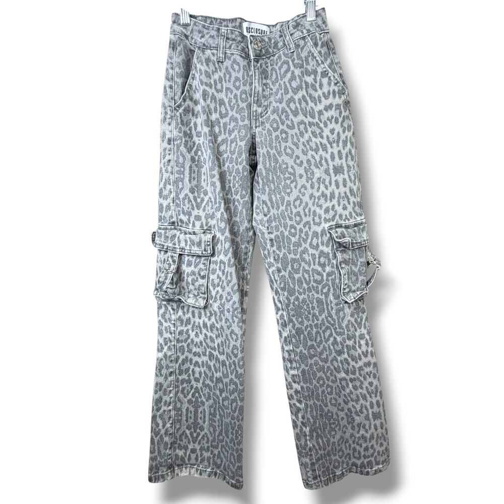 DISCLOSURE Gray Leopard Print Mid-Rise Cargo Utility Pants Straight Leg Jeans - Picture 2 of 6